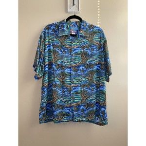 Vintage Joe Kealoha Hawaiian Button Shirt 90s Surf Beach Palm Trees Print Sz L